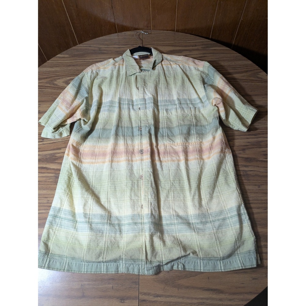 Basic Options Mens Medium Short Sleeve Button Down Shirt Striped Cotton Green
